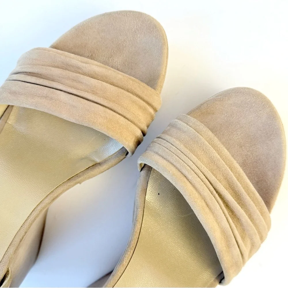 Stuart Weitzman Sundraped Tan / Beige Suede Wedge Ankle Strap Sandals 8.5